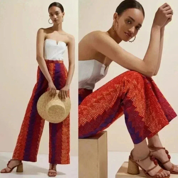 NWT Anthropologie x SIKA Abstract Red Wide-Leg African Bohemian Trousers Size 2 - Picture 1 of 6